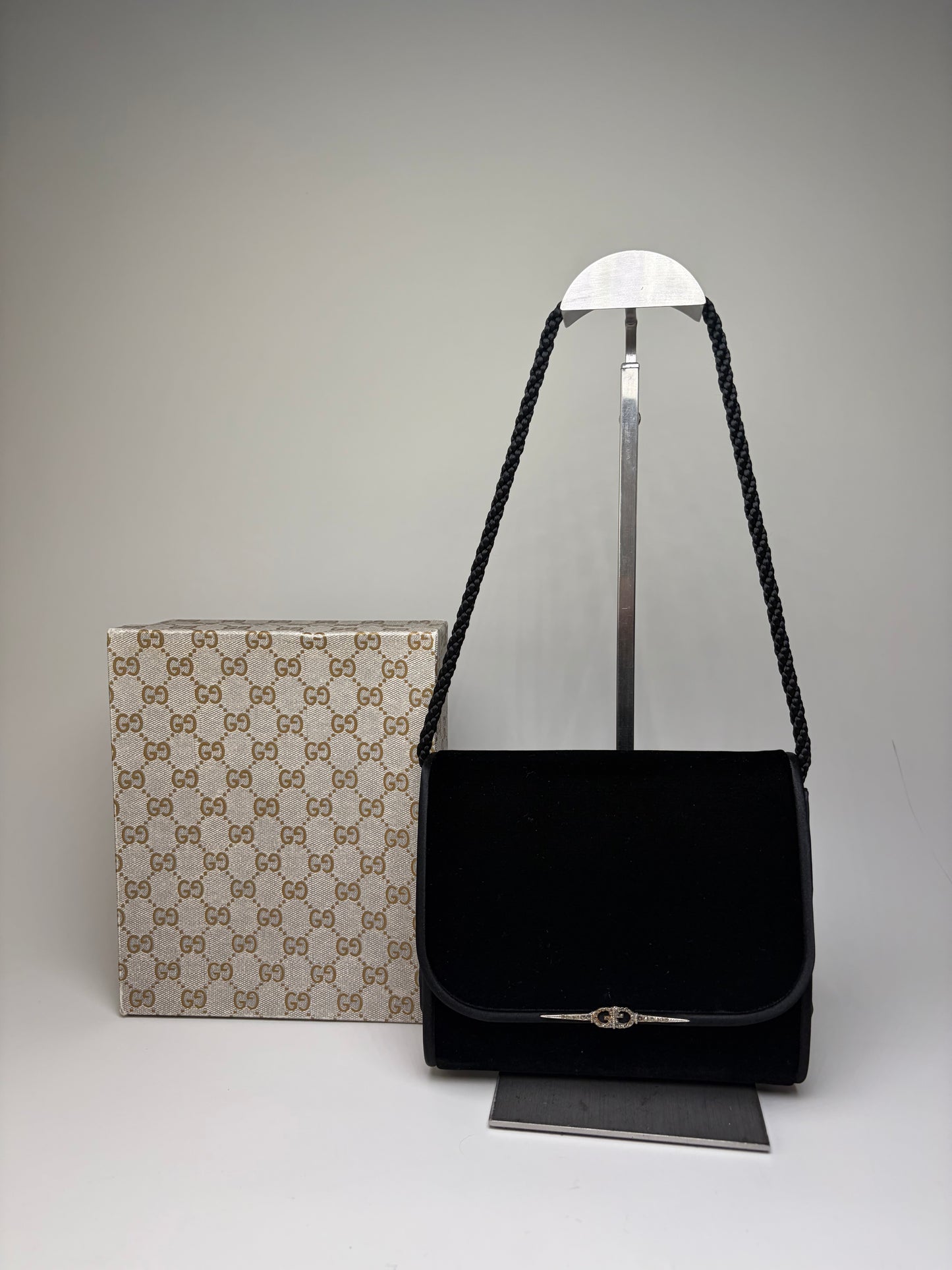 Vintage Gucci Velvet Shoulder Bag Black Silver