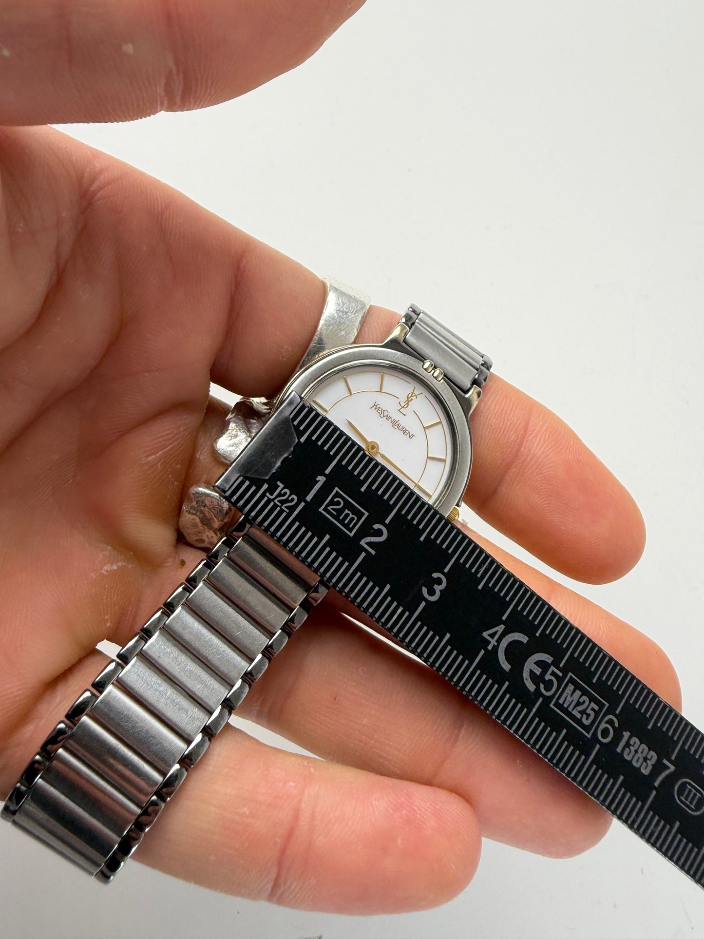 Vintage Yves Saint Laurent Stainless Steel Bracelet Watch Silver Gold