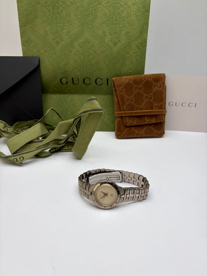 Vintage Gucci Stainless Steel Bracelet Watch Late 1990s Silver Cream