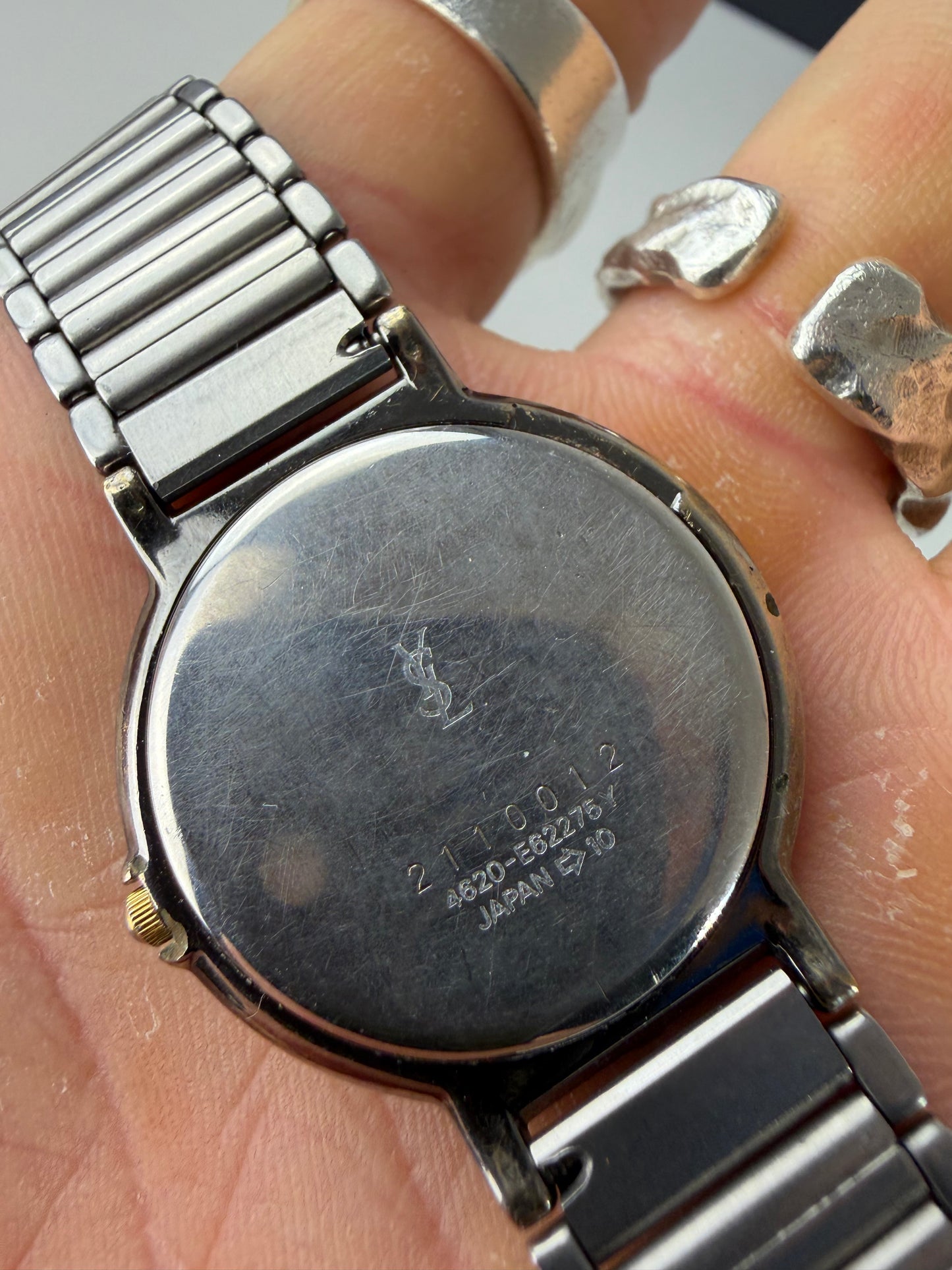 Vintage Yves Saint Laurent Stainless Steel Bracelet Watch Silver Gold