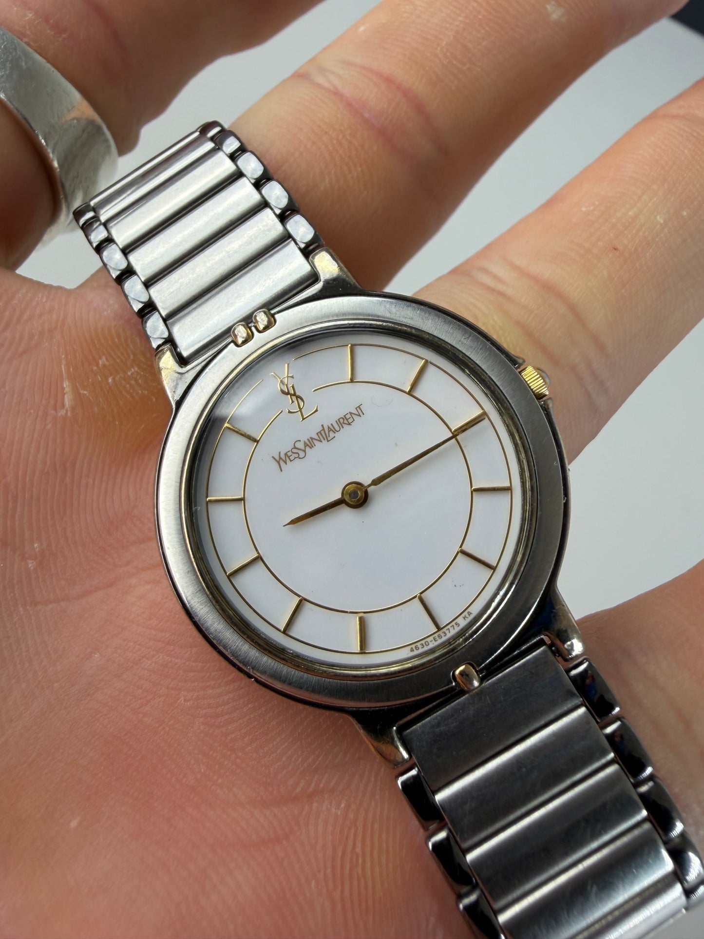 Vintage Yves Saint Laurent Stainless Steel Bracelet Watch Silver Gold