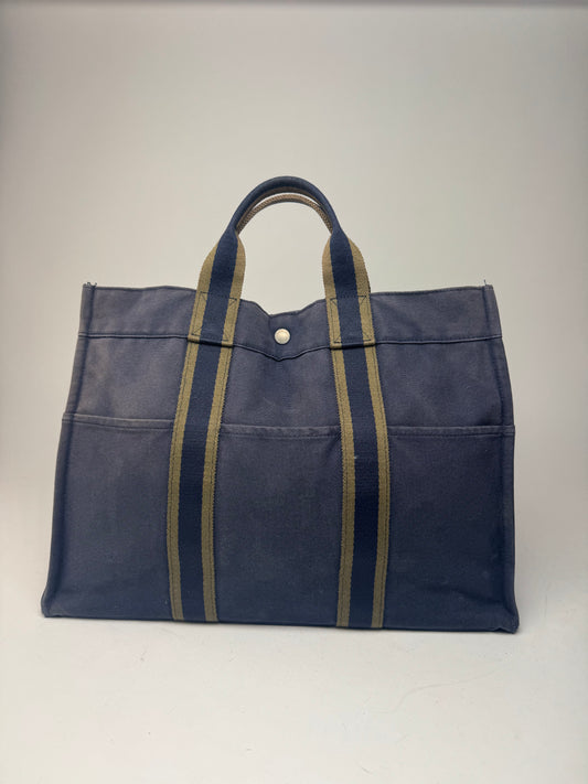 Vintage Hermes Canvas Tote Bag Navy Green