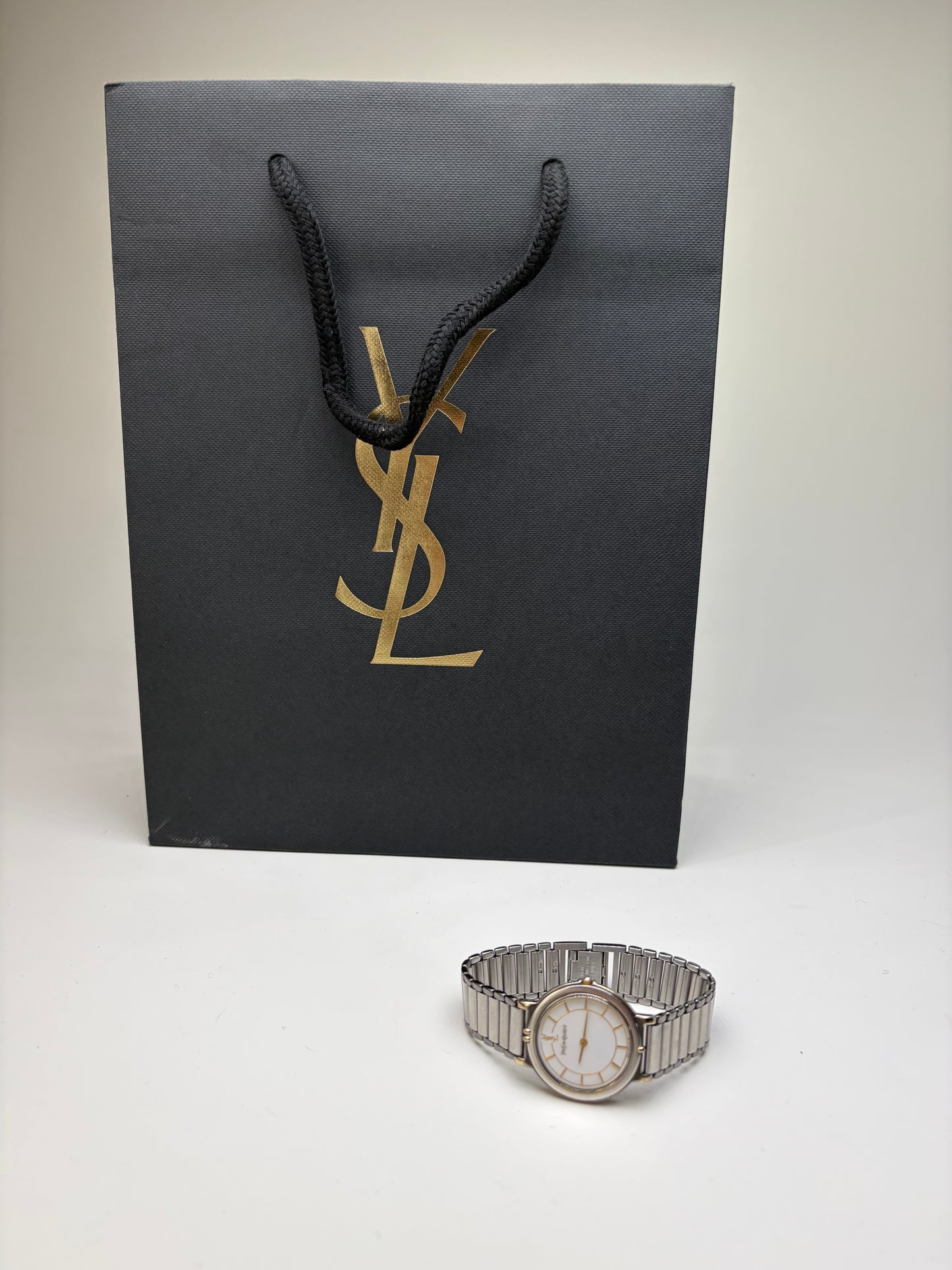 Vintage Yves Saint Laurent Stainless Steel Bracelet Watch Silver Gold