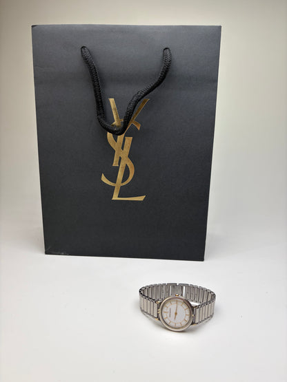 Vintage Yves Saint Laurent Stainless Steel Bracelet Watch Silver Gold