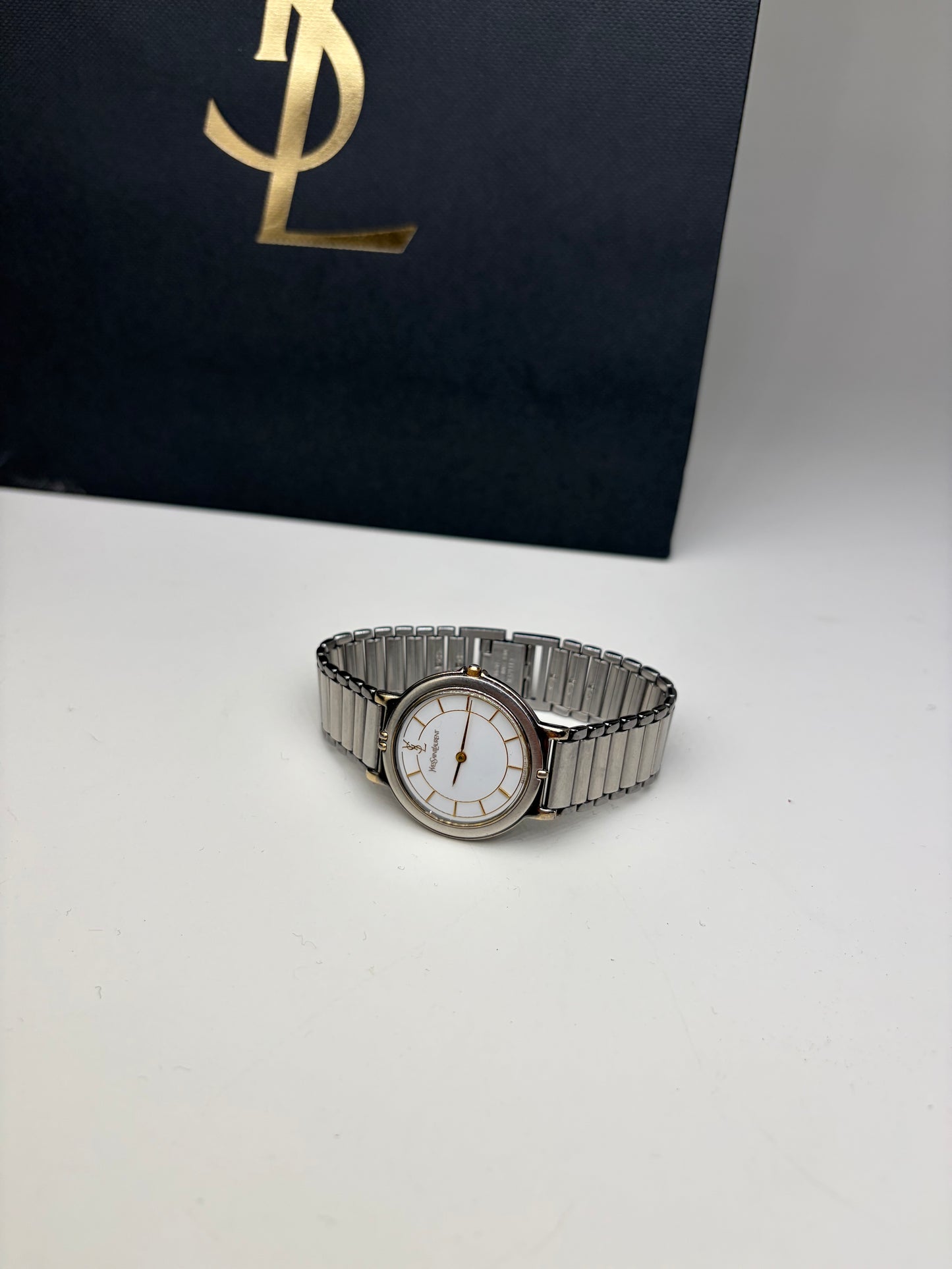 Vintage Yves Saint Laurent Stainless Steel Bracelet Watch Silver Gold