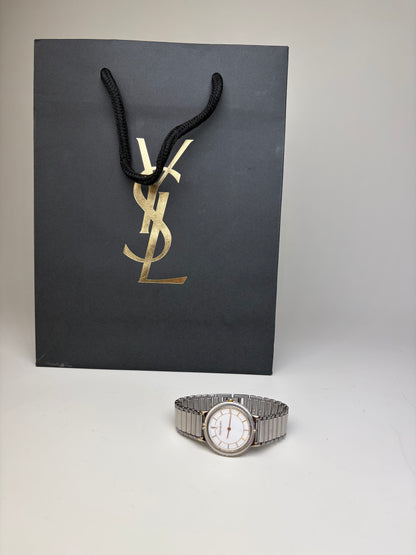 Vintage Yves Saint Laurent Stainless Steel Bracelet Watch Silver Gold