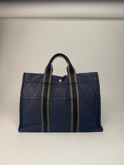 Vintage Hermes Canvas Tote Bag Navy Green