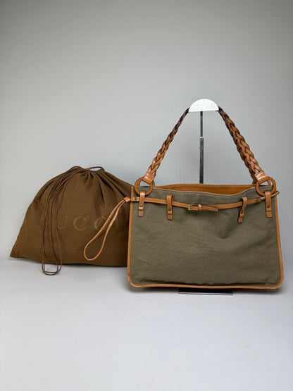 Vintage Gucci Canvas Top-Handle Bag Olive Tan Leather