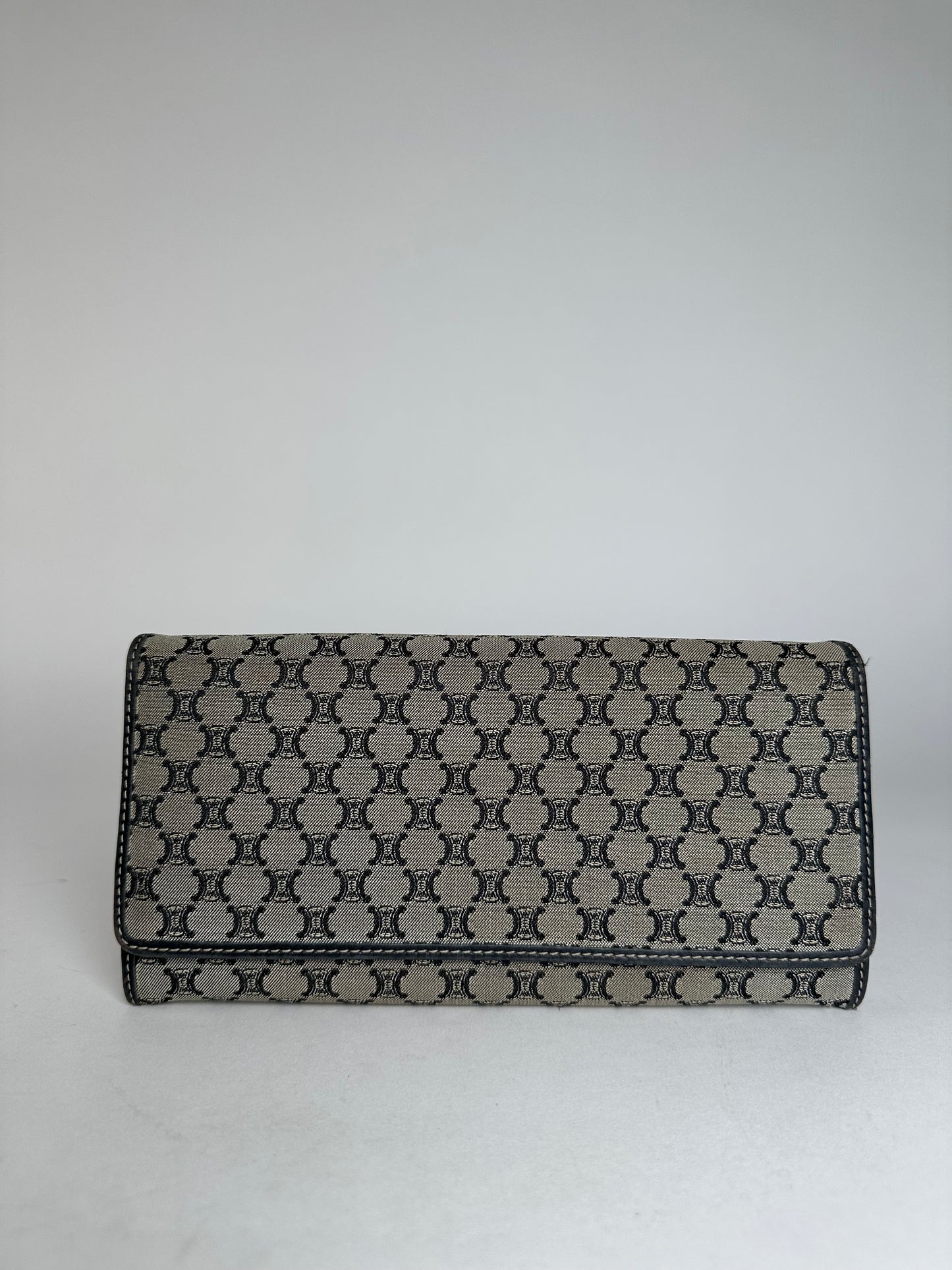 Vintage Celine Paris Triomphe Monogram Long Wallet Grey Black