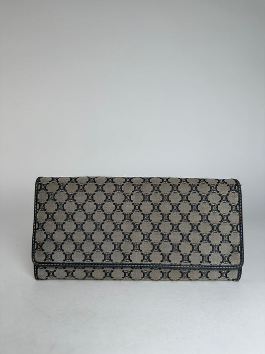 Vintage Celine Paris Triomphe Monogram Long Wallet Grey Black