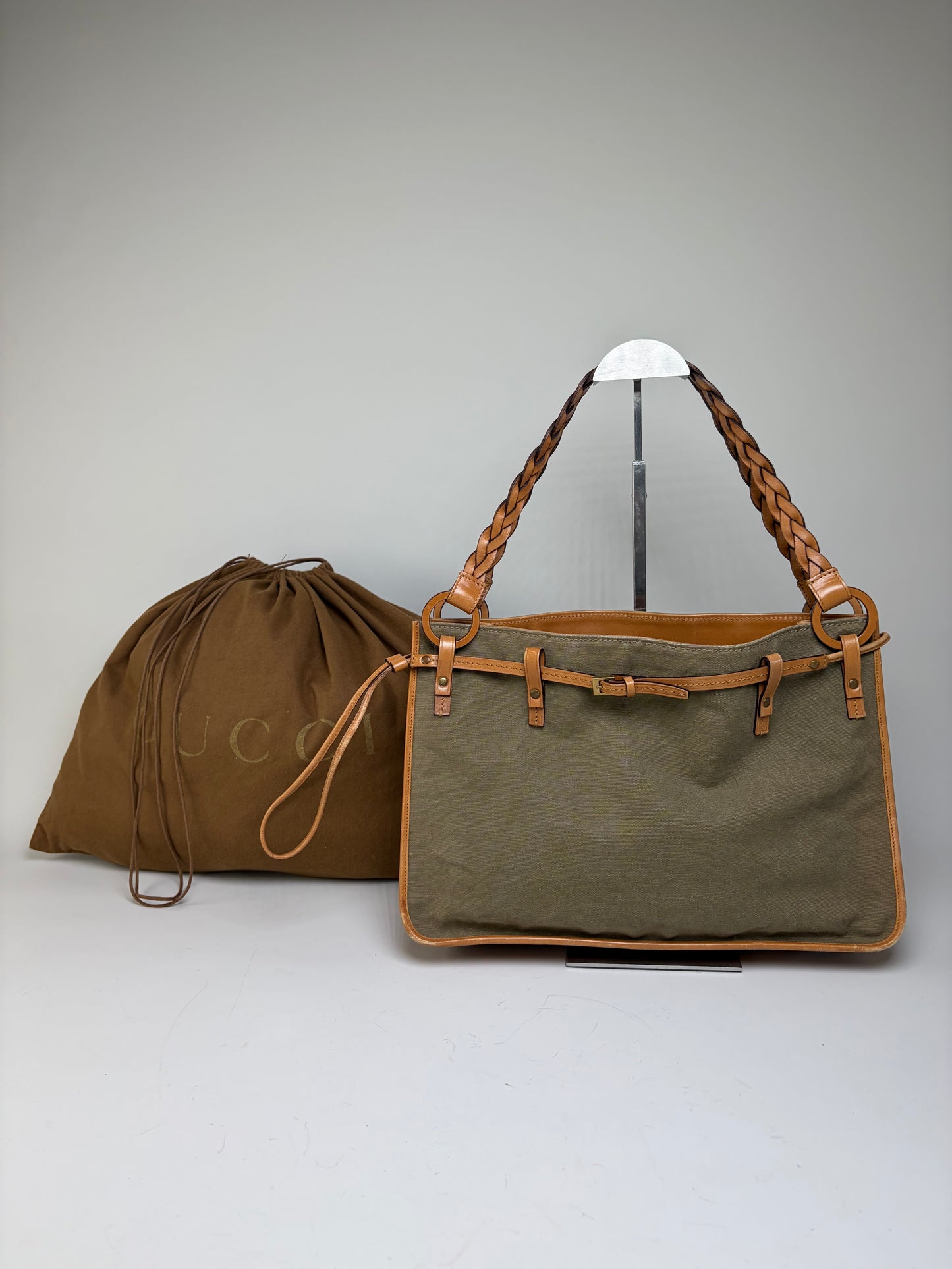 Vintage Gucci Canvas Top-Handle Bag Olive Tan Leather