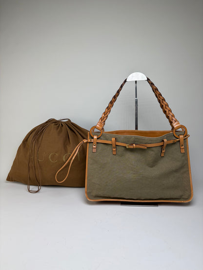 Vintage Gucci Canvas Top-Handle Bag Olive Tan Leather