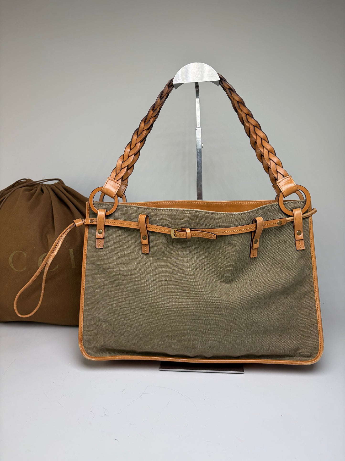 Vintage Gucci Canvas Top-Handle Bag Olive Tan Leather