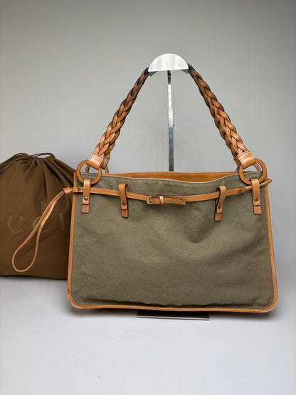 Vintage Gucci Canvas Top-Handle Bag Olive Tan Leather
