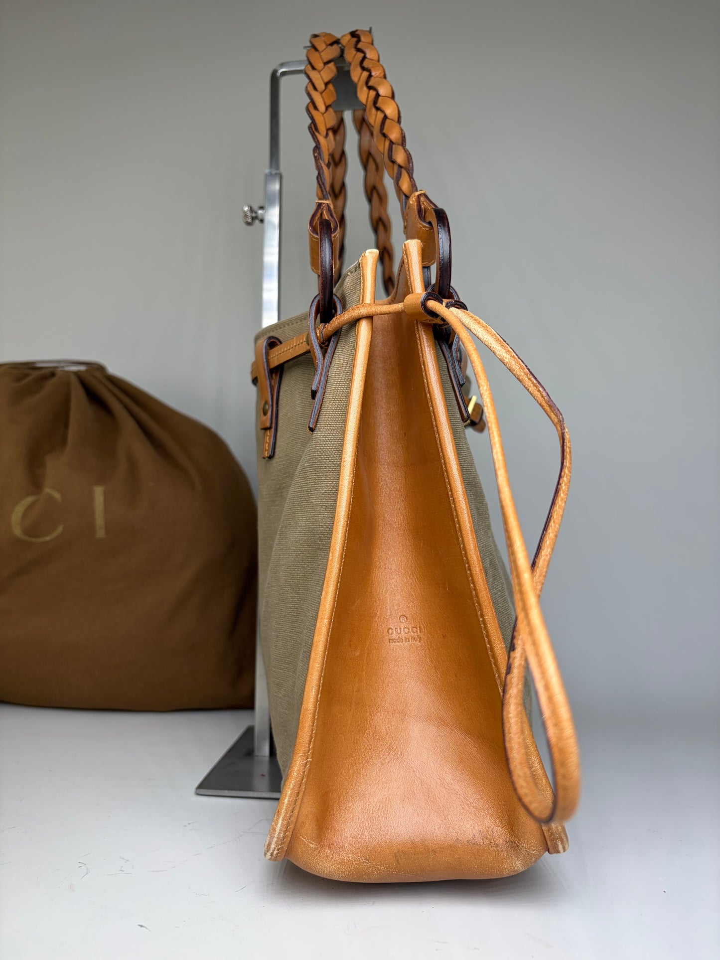 Vintage Gucci Canvas Top-Handle Bag Olive Tan Leather