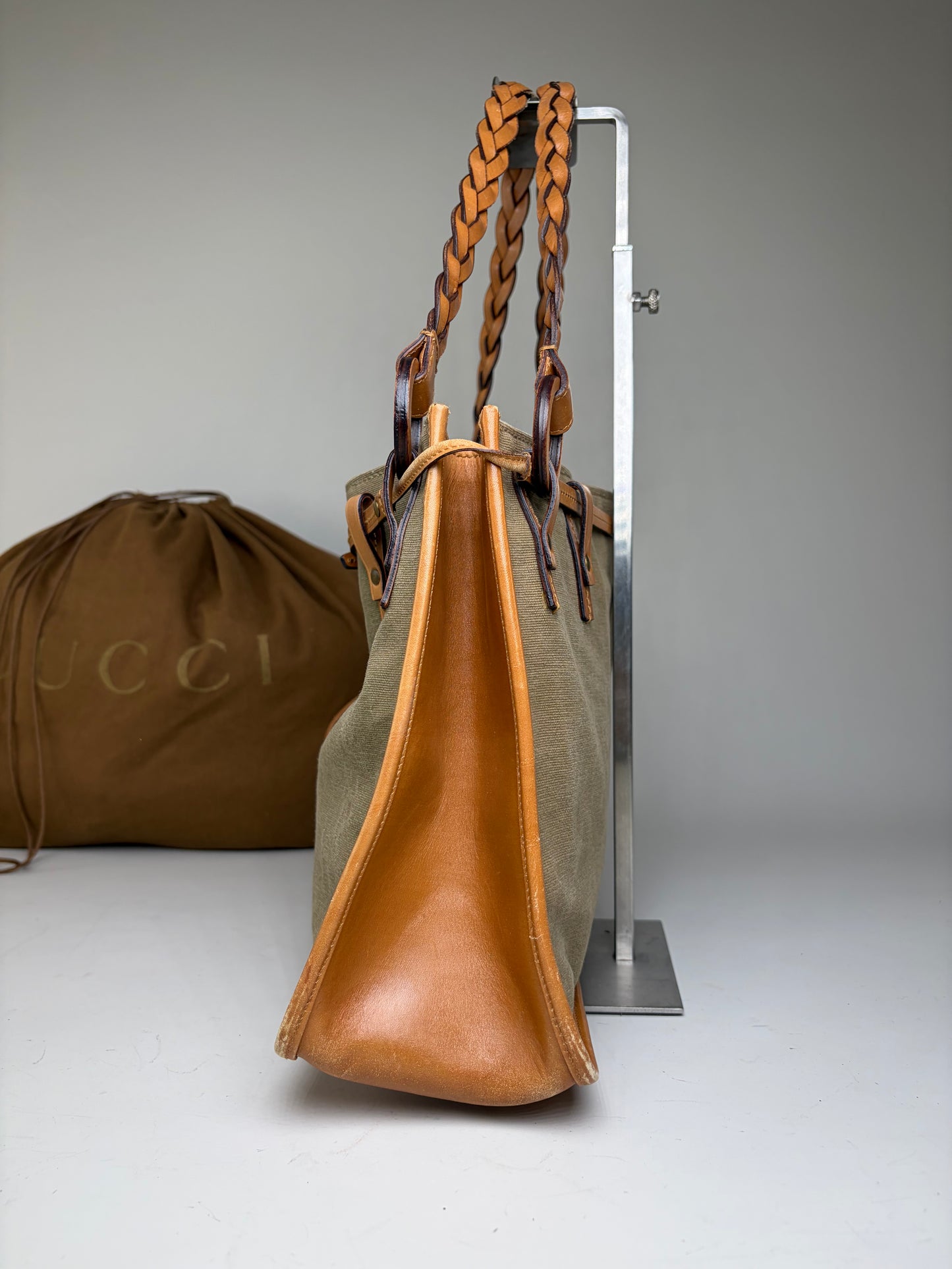 Vintage Gucci Canvas Top-Handle Bag Olive Tan Leather