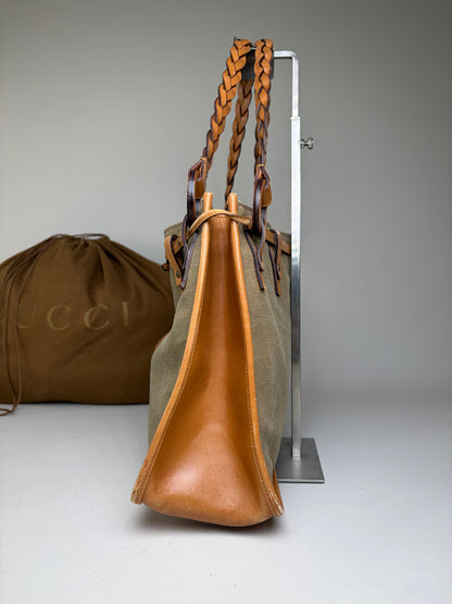 Vintage Gucci Canvas Top-Handle Bag Olive Tan Leather