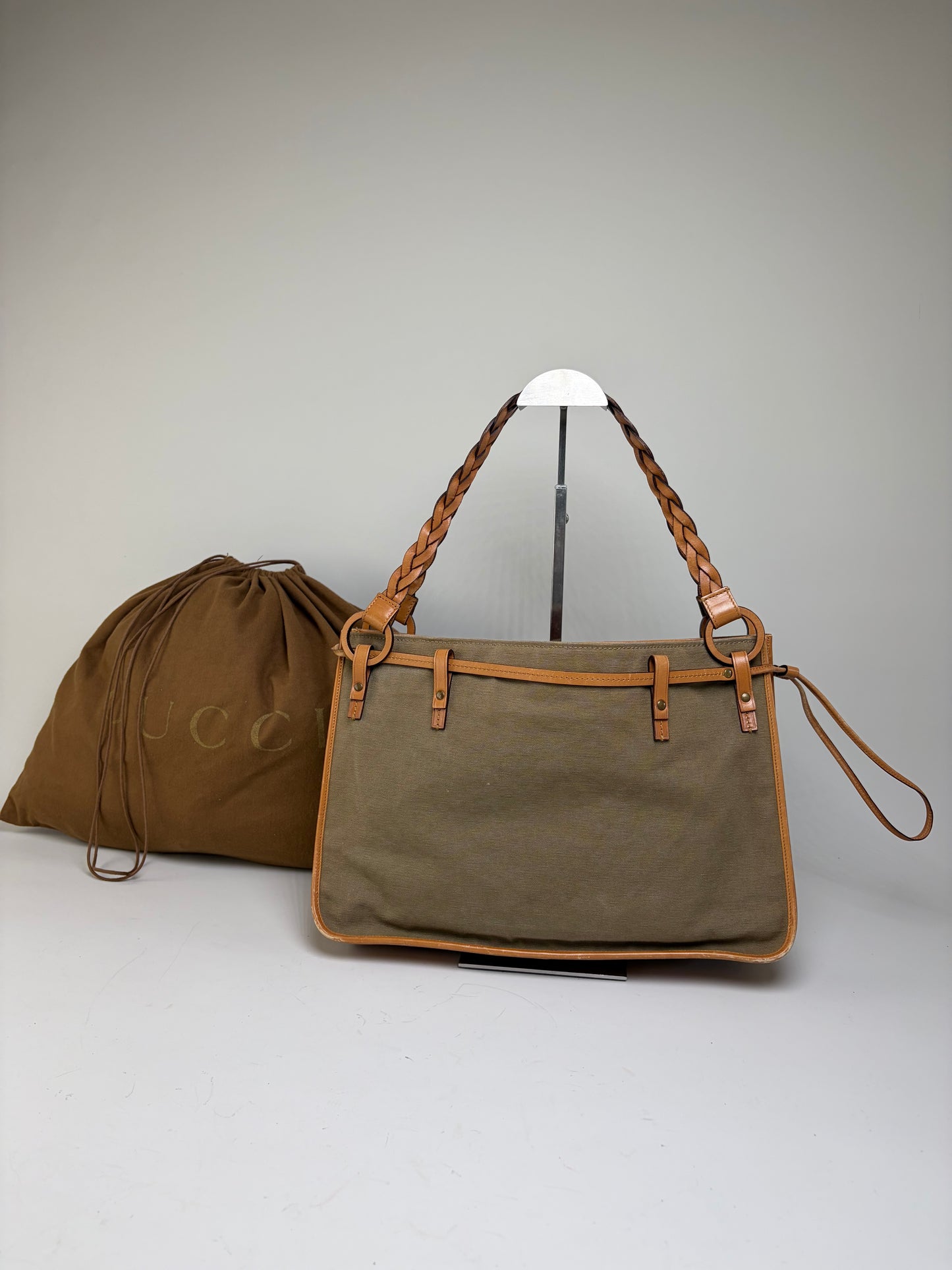 Vintage Gucci Canvas Top-Handle Bag Olive Tan Leather