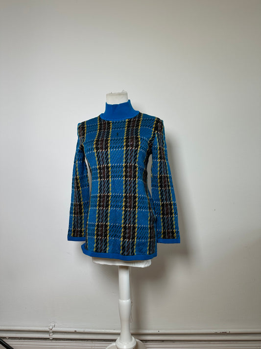 Vintage Yves Saint Laurent Check Turtleneck Sweater Blue M