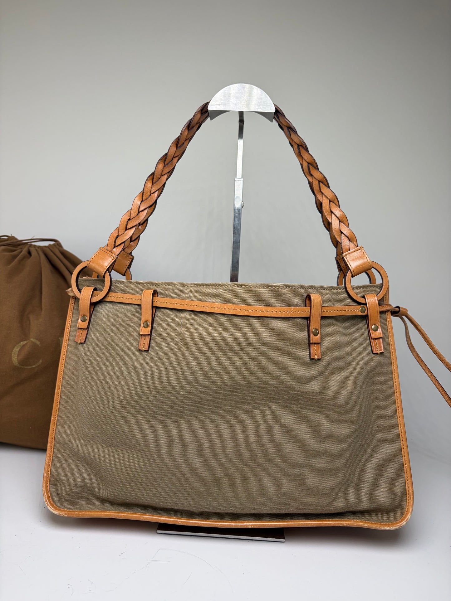 Vintage Gucci Canvas Top-Handle Bag Olive Tan Leather