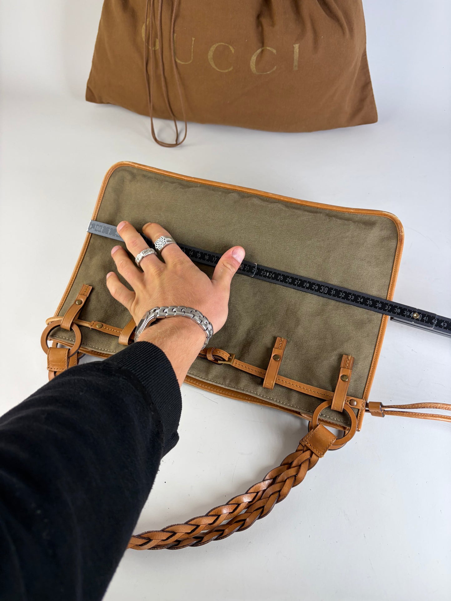Vintage Gucci Canvas Top-Handle Bag Olive Tan Leather