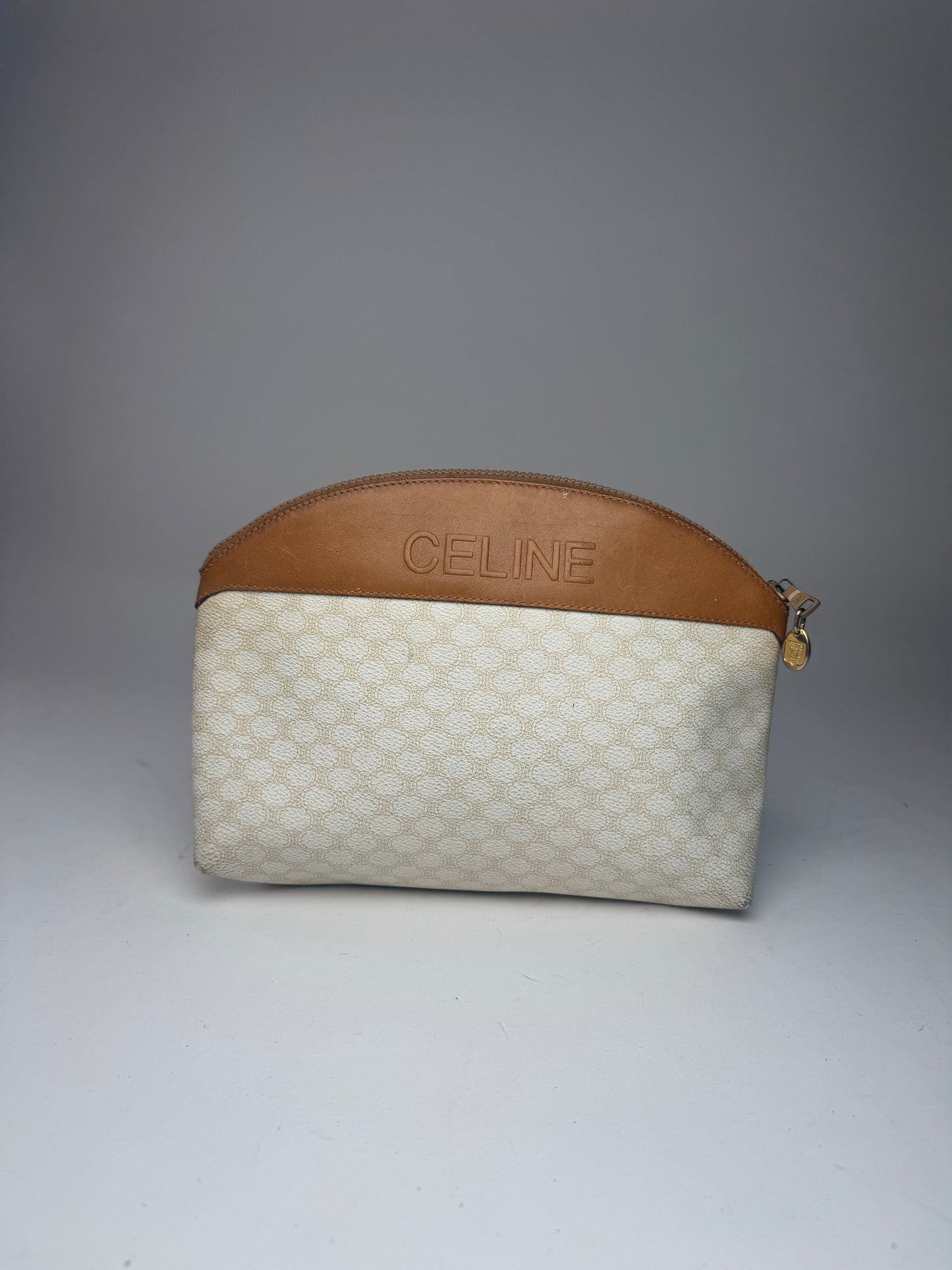Vintage Celine Paris Monogram Leather Clutch White brown