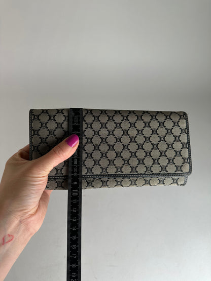 Vintage Celine Paris Triomphe Monogram Long Wallet Grey Black