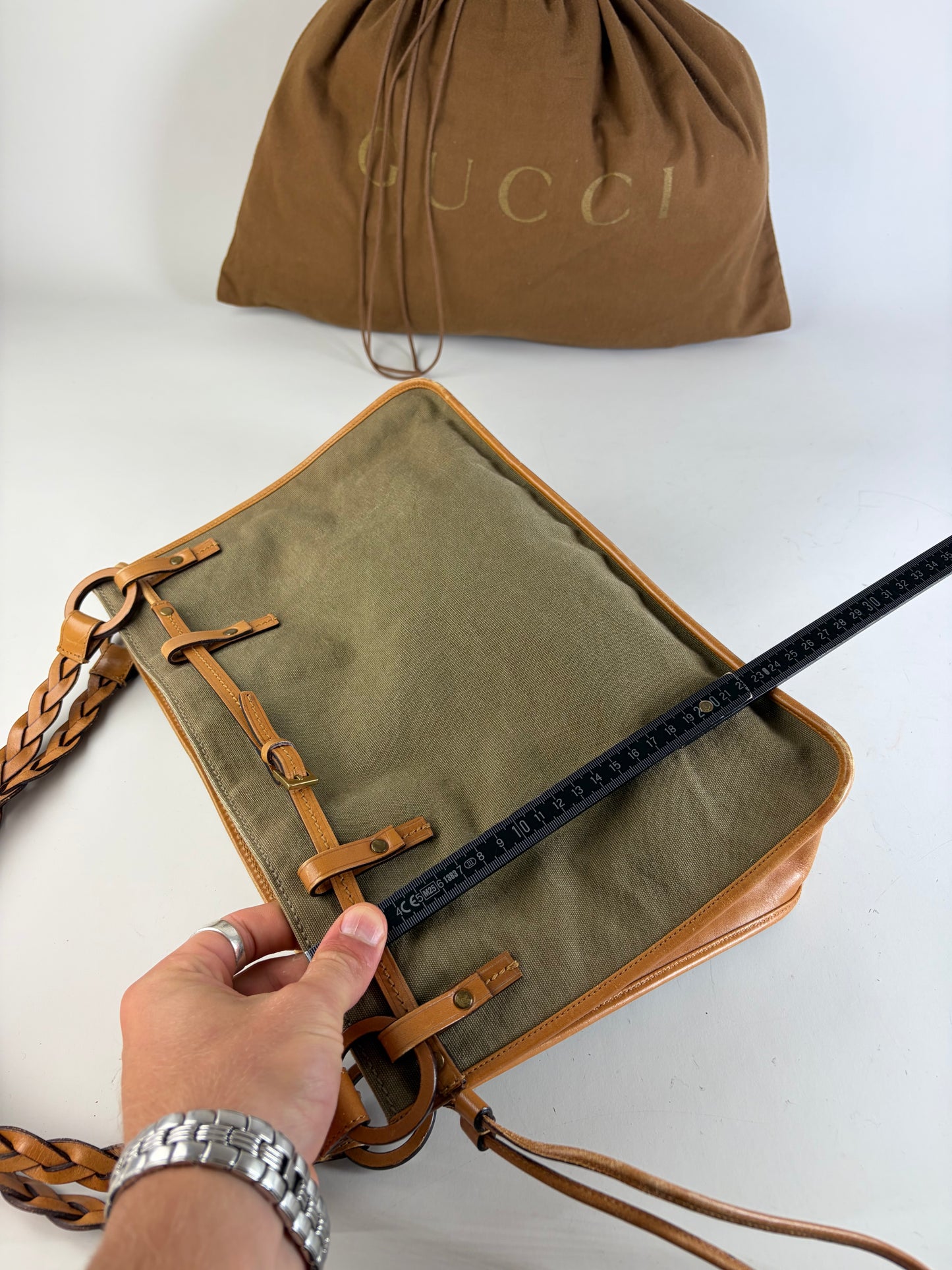 Vintage Gucci Canvas Top-Handle Bag Olive Tan Leather