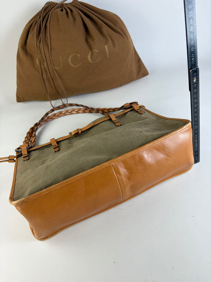 Vintage Gucci Canvas Top-Handle Bag Olive Tan Leather