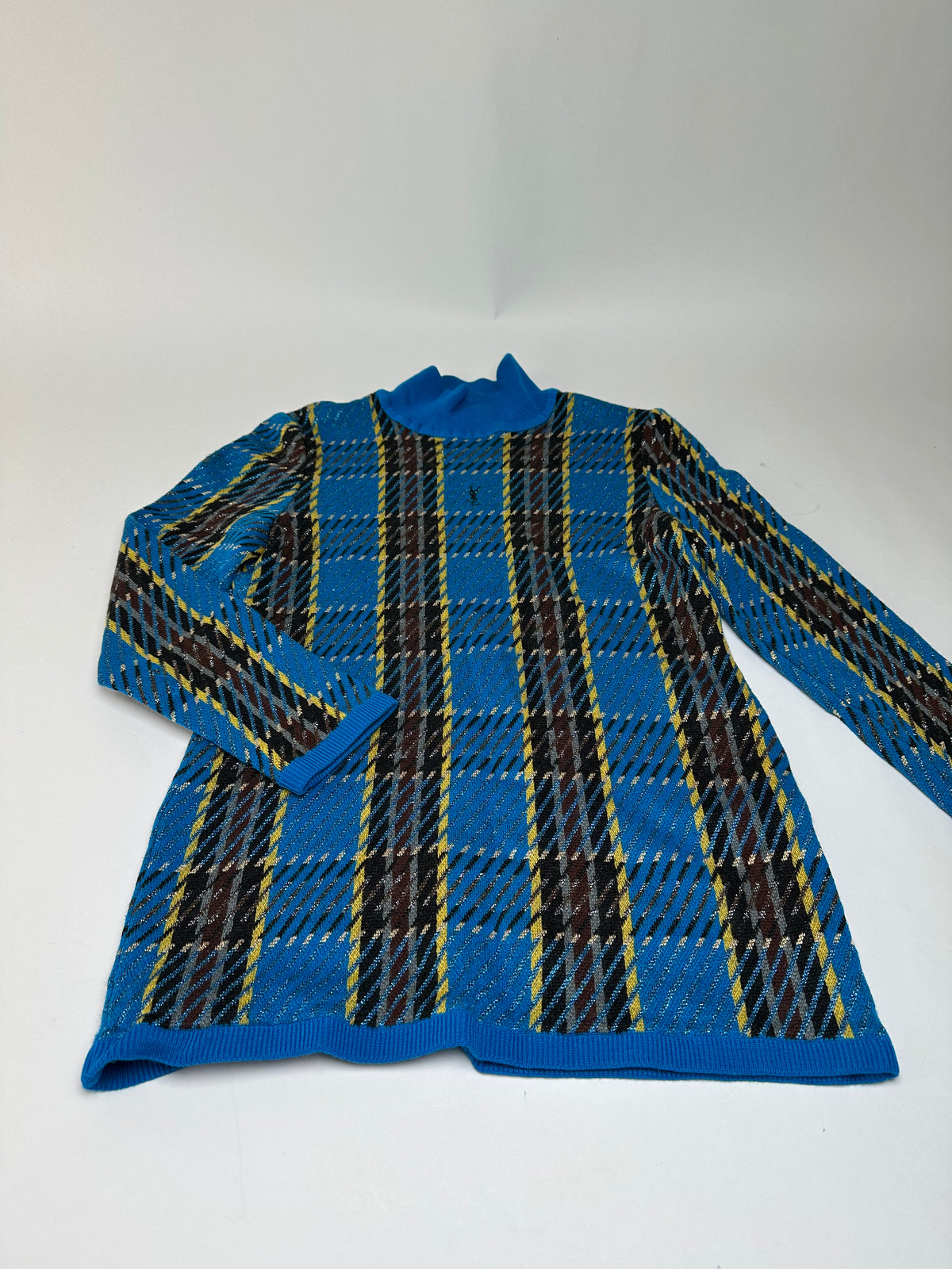 Vintage Yves Saint Laurent Check Turtleneck Sweater Blue M