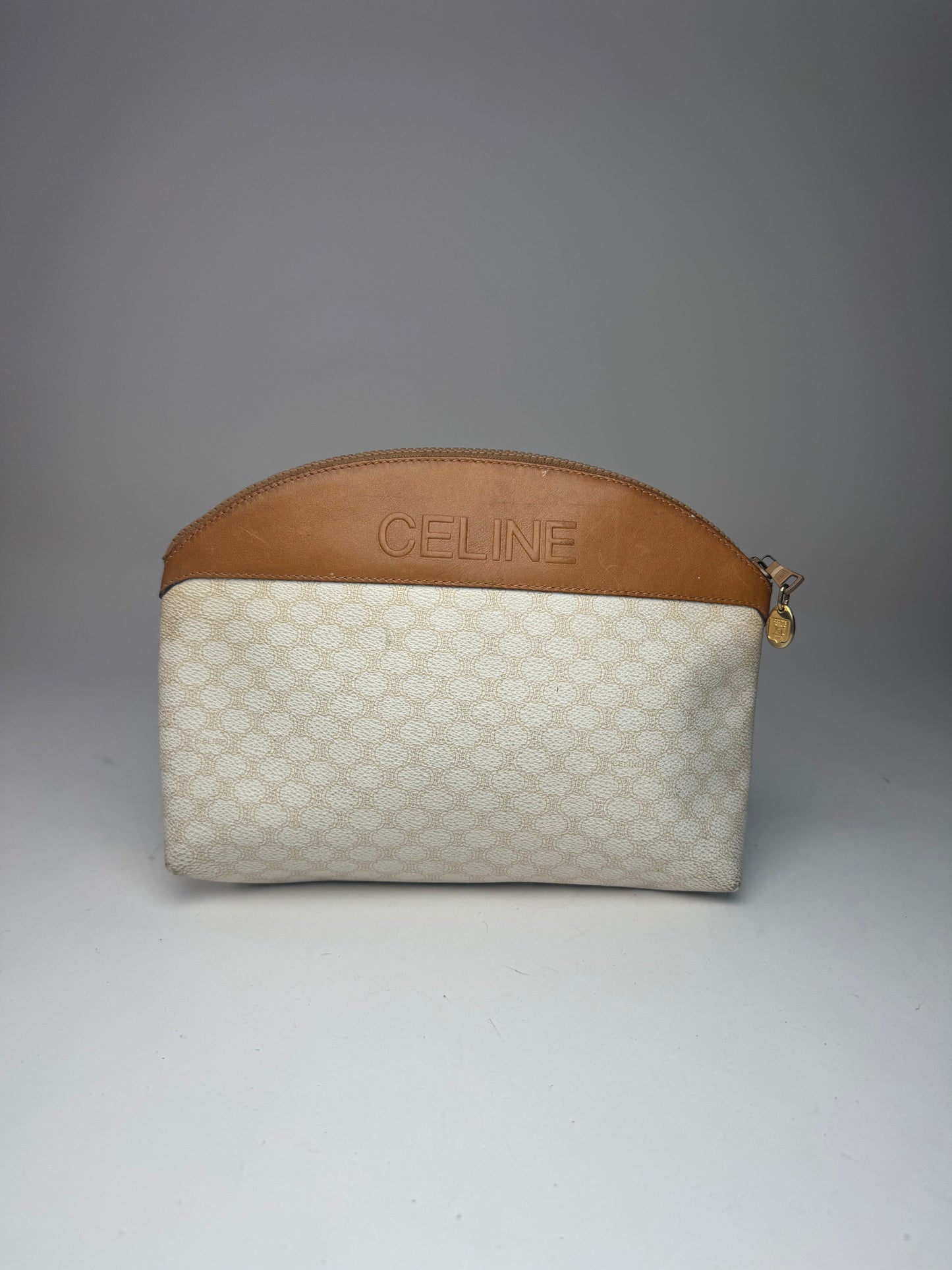Vintage Celine Paris Monogram Leather Clutch White brown