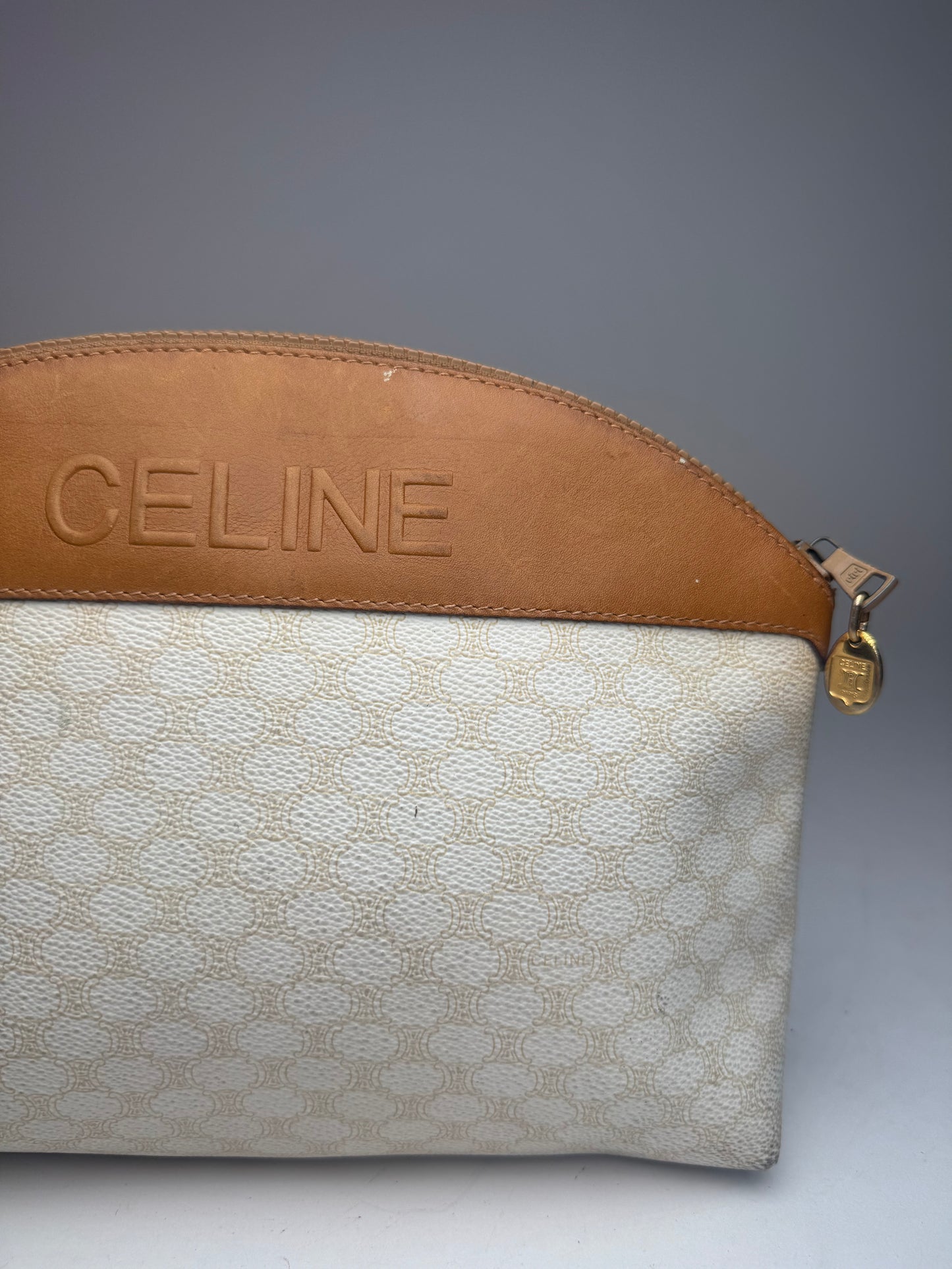 Vintage Celine Paris Monogram Leather Clutch White brown