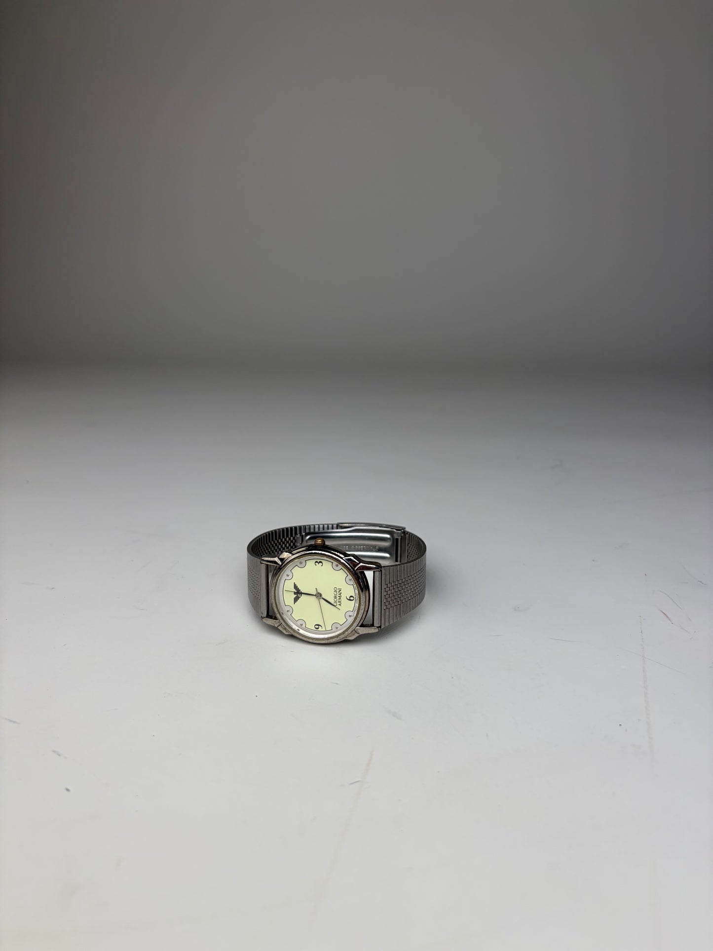 Vintage Giorgio Armani Stainless Steel Mesh Bracelet Watch Silver Yellow