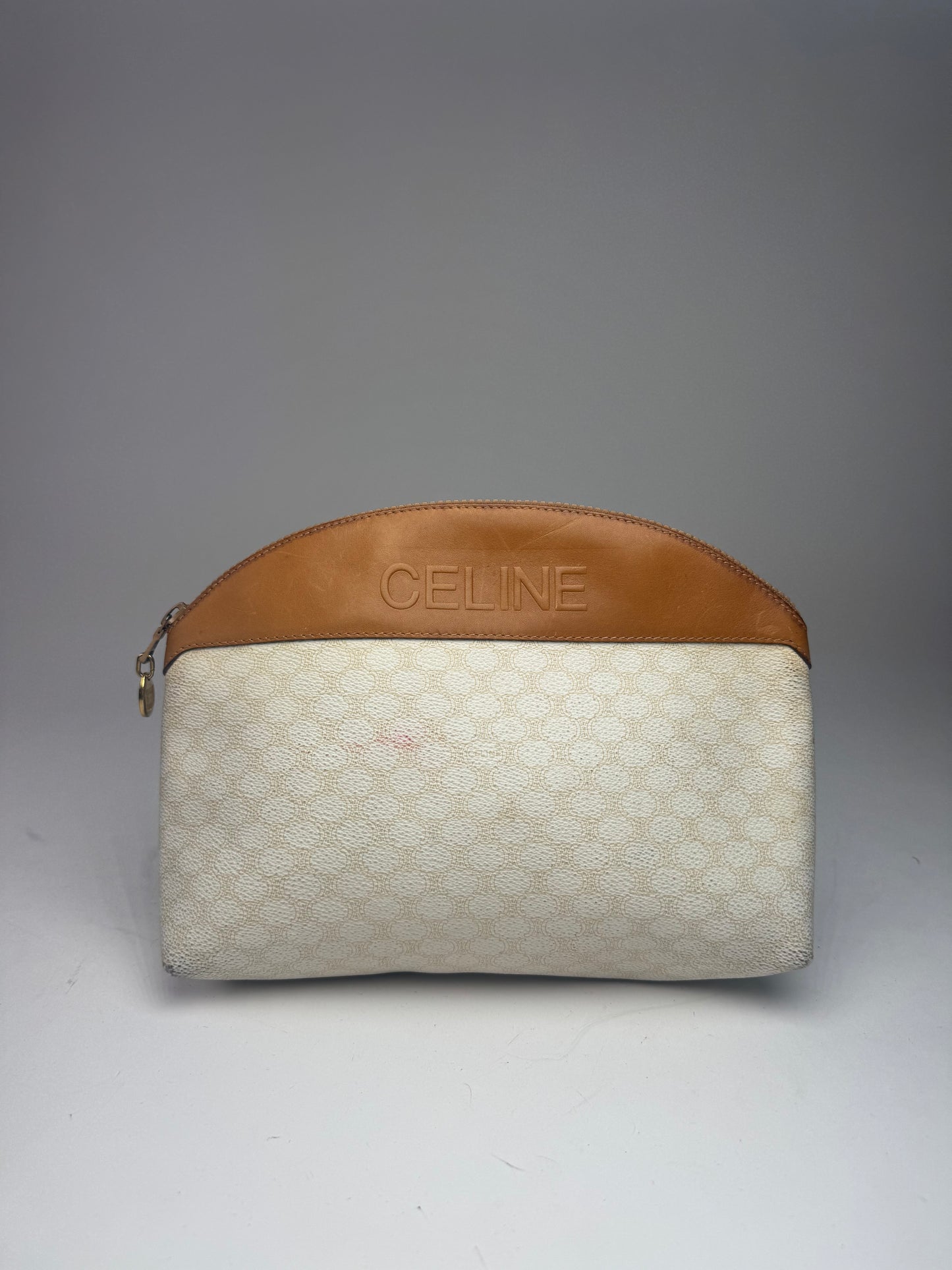 Vintage Celine Paris Monogram Leather Clutch White brown