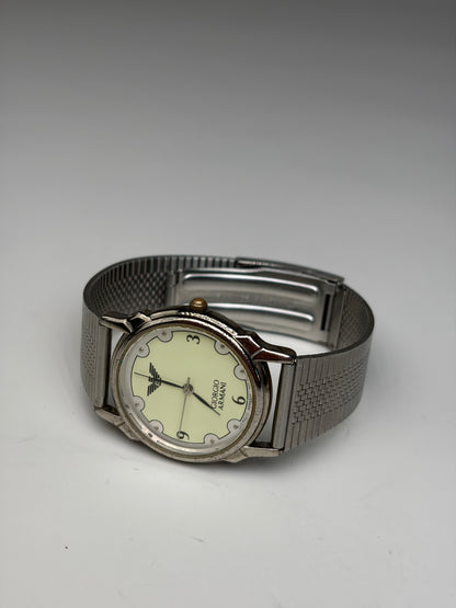 Vintage Giorgio Armani Stainless Steel Mesh Bracelet Watch Silver Yellow