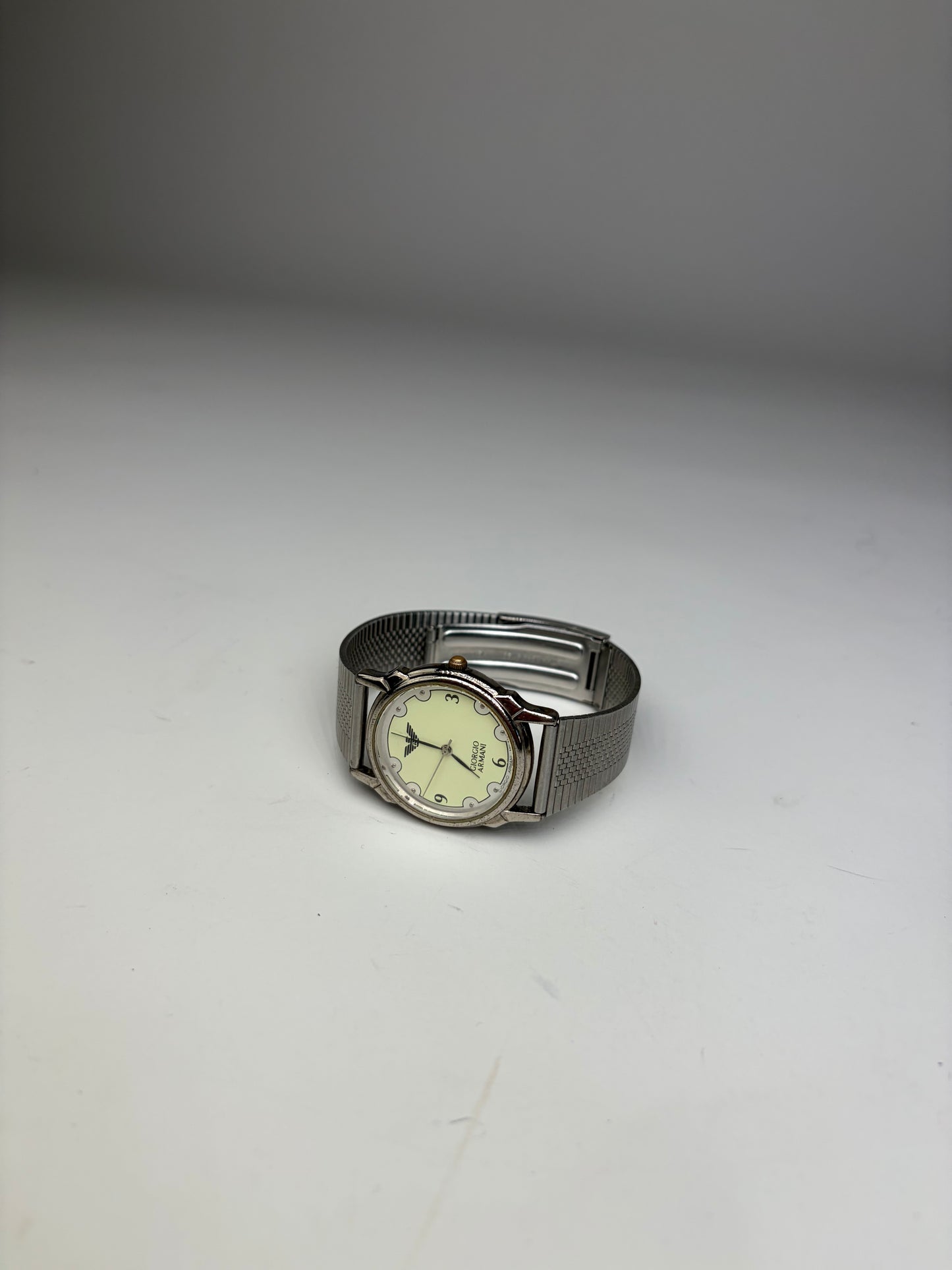 Vintage Giorgio Armani Stainless Steel Mesh Bracelet Watch Silver Yellow