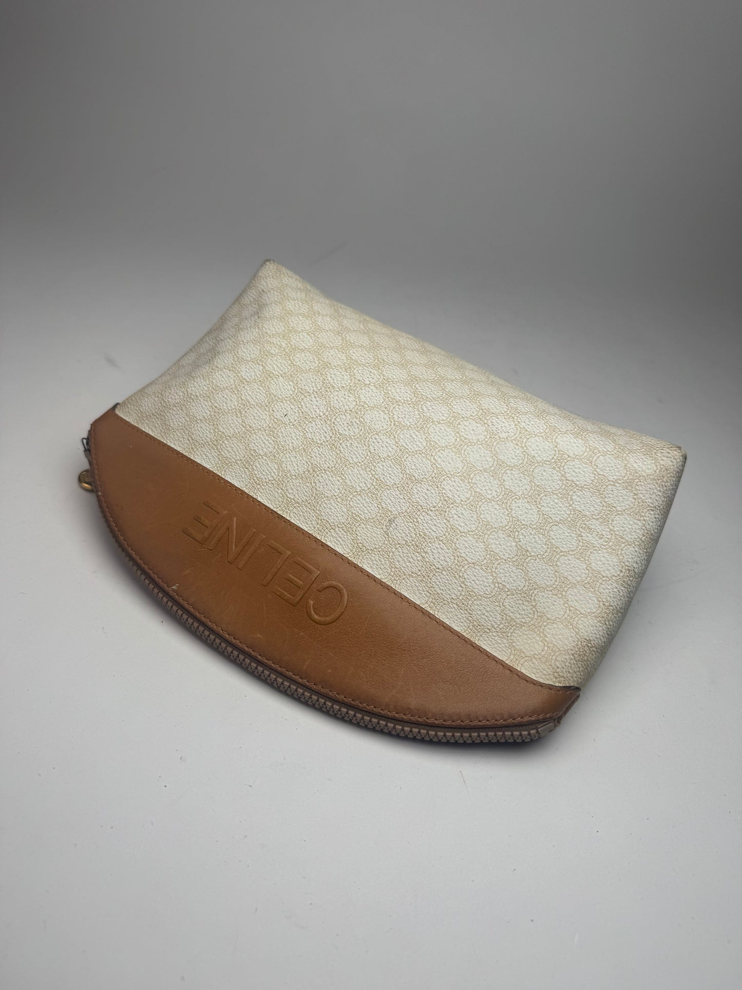 Vintage Celine Paris Monogram Leather Clutch White brown