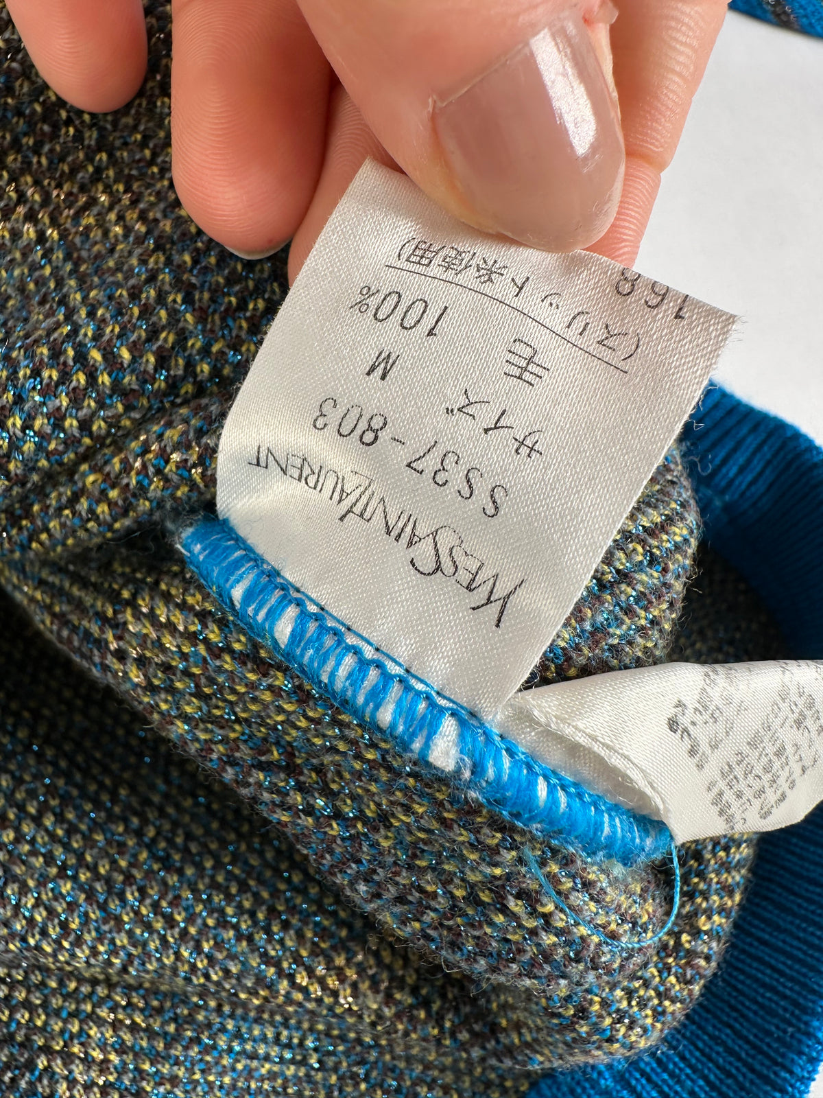Vintage Yves Saint Laurent Check Turtleneck Sweater Blue M
