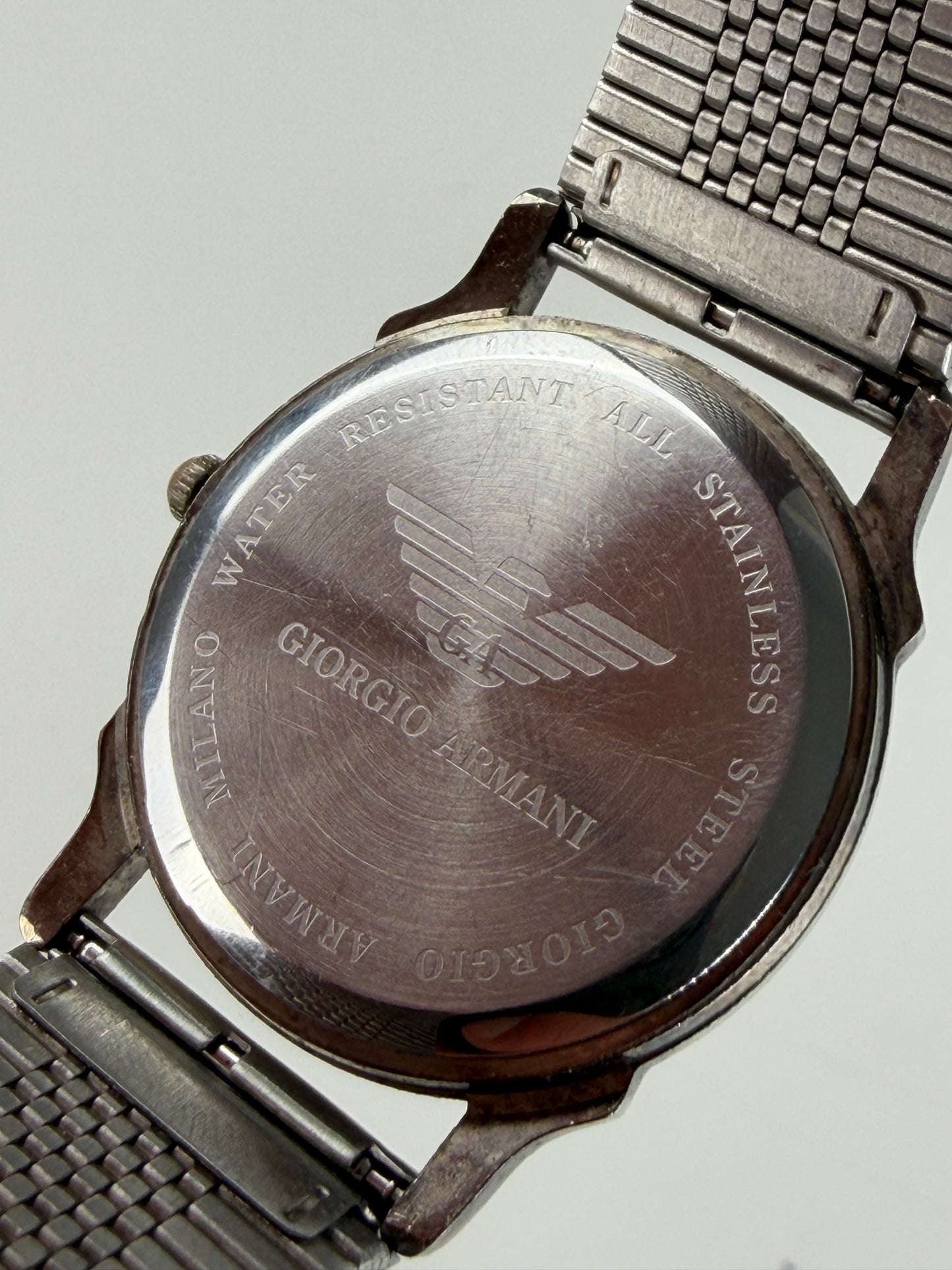 Vintage Giorgio Armani Stainless Steel Mesh Bracelet Watch Silver Yellow