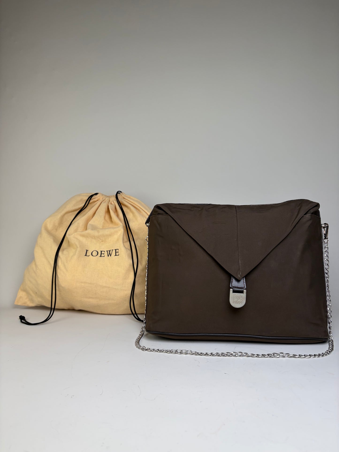 Vintage Loewe Bifold Wallet Nylon Leather Dark Brown Silver