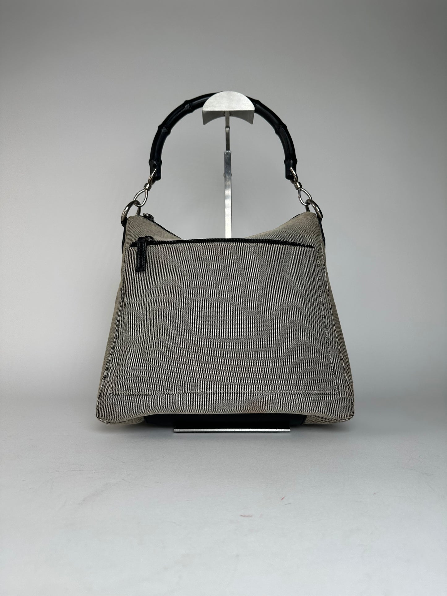 Vintage Gucci Bamboo Top Handle Canvas Handbag Grey Black