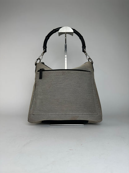 Vintage Gucci Bamboo Top Handle Canvas Handbag Grey Black