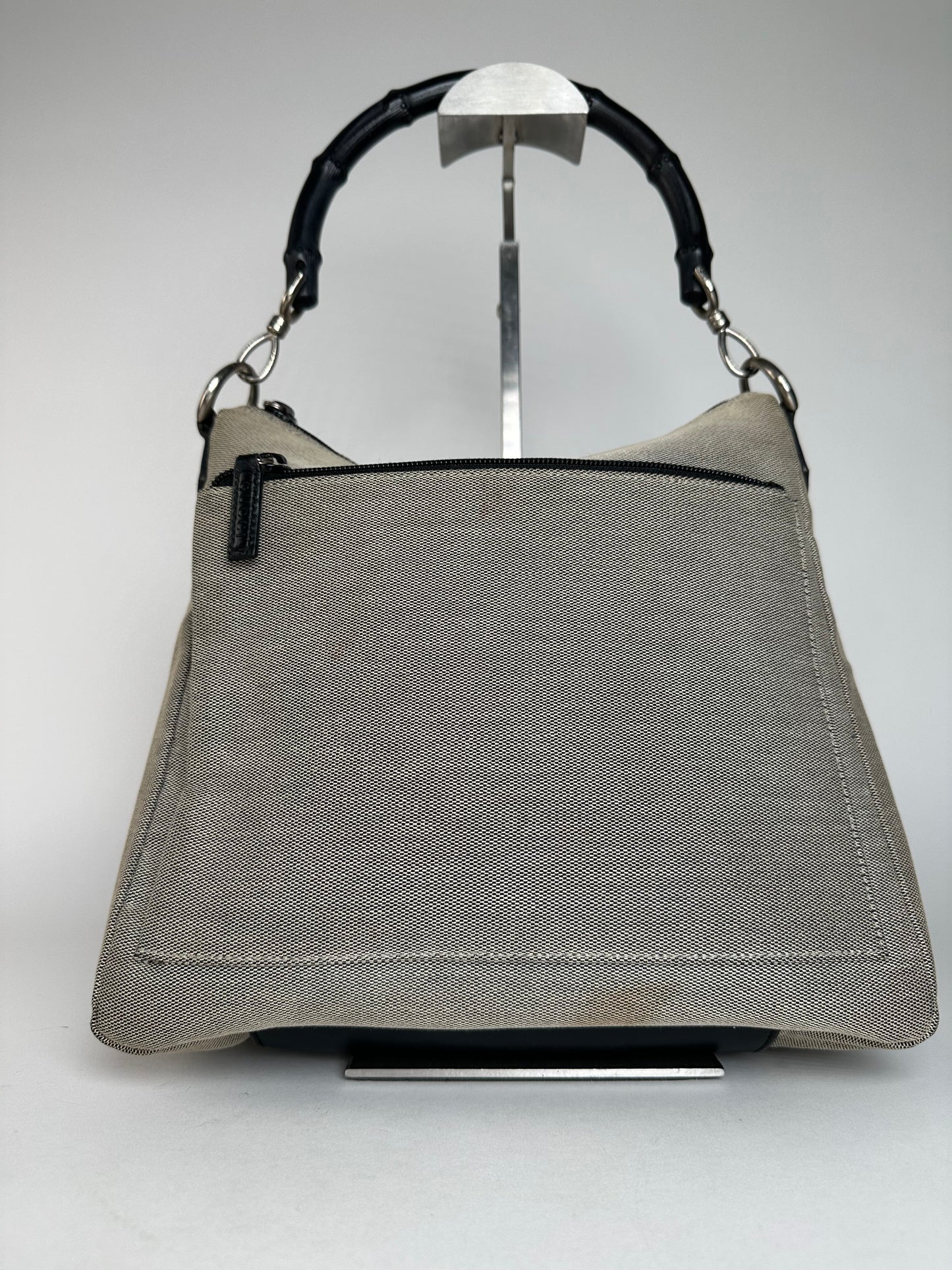Vintage Gucci Bamboo Top Handle Canvas Handbag Grey Black