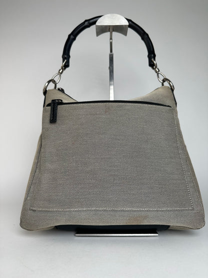 Vintage Gucci Bamboo Top Handle Canvas Handbag Grey Black