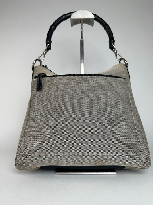 Vintage Gucci Bamboo Top Handle Canvas Handbag Grey Black