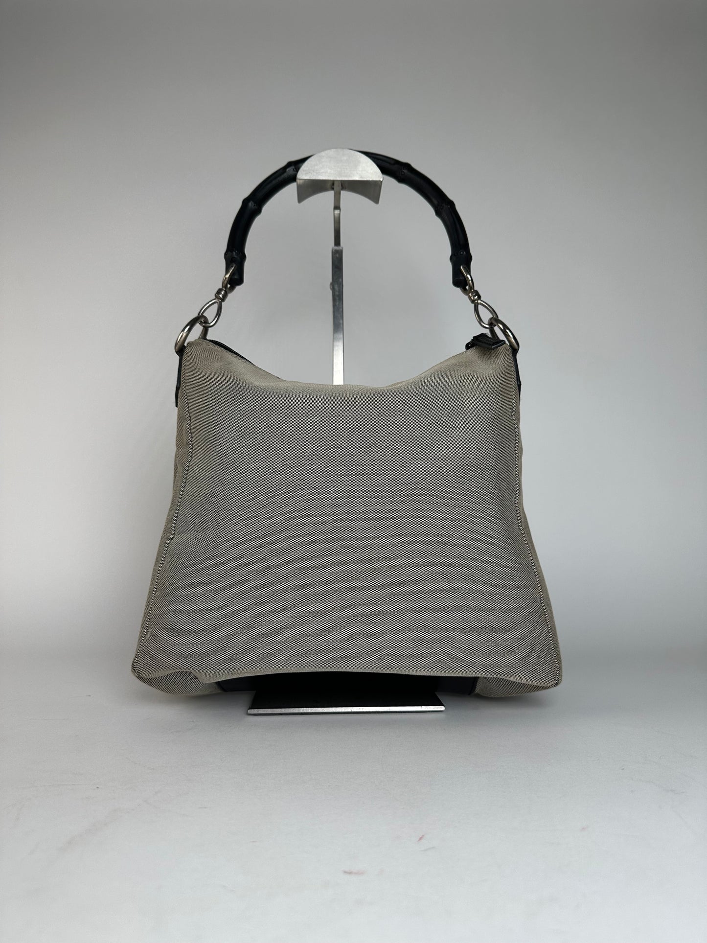 Vintage Gucci Bamboo Top Handle Canvas Handbag Grey Black