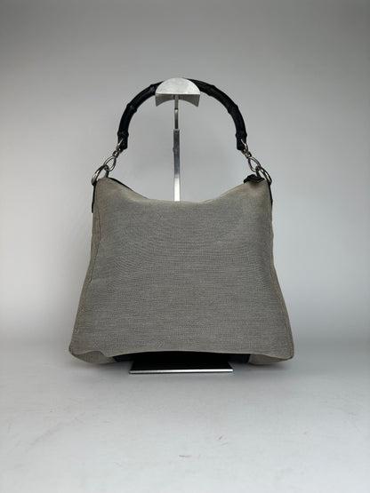 Vintage Gucci Bamboo Top Handle Canvas Handbag Grey Black