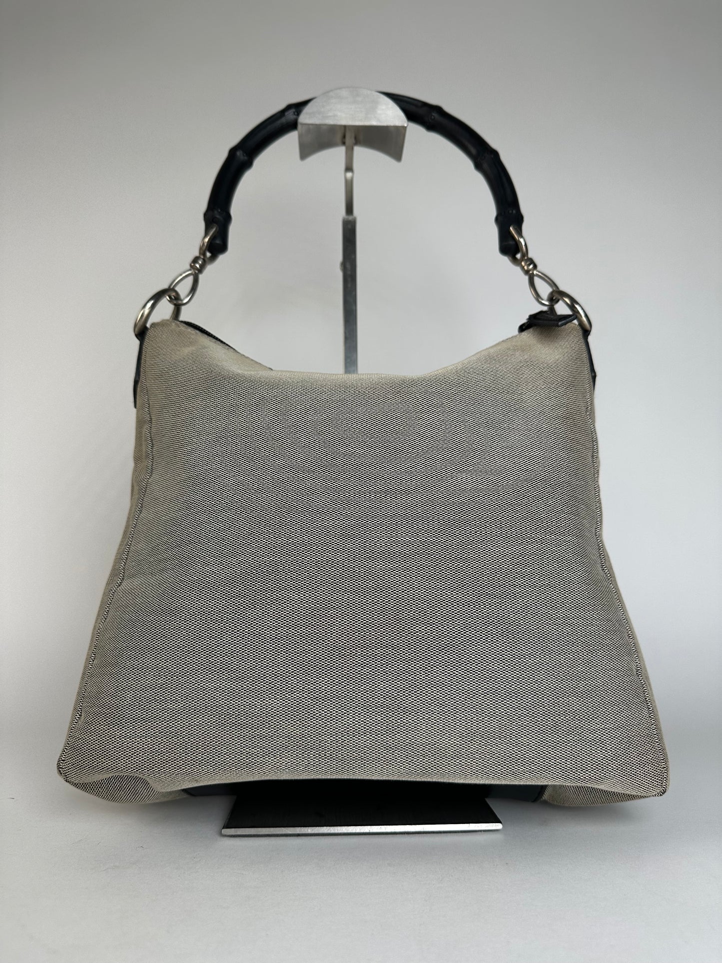 Vintage Gucci Bamboo Top Handle Canvas Handbag Grey Black