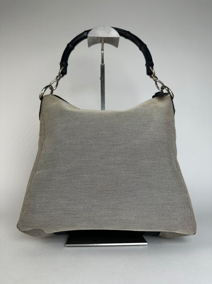 Vintage Gucci Bamboo Top Handle Canvas Handbag Grey Black