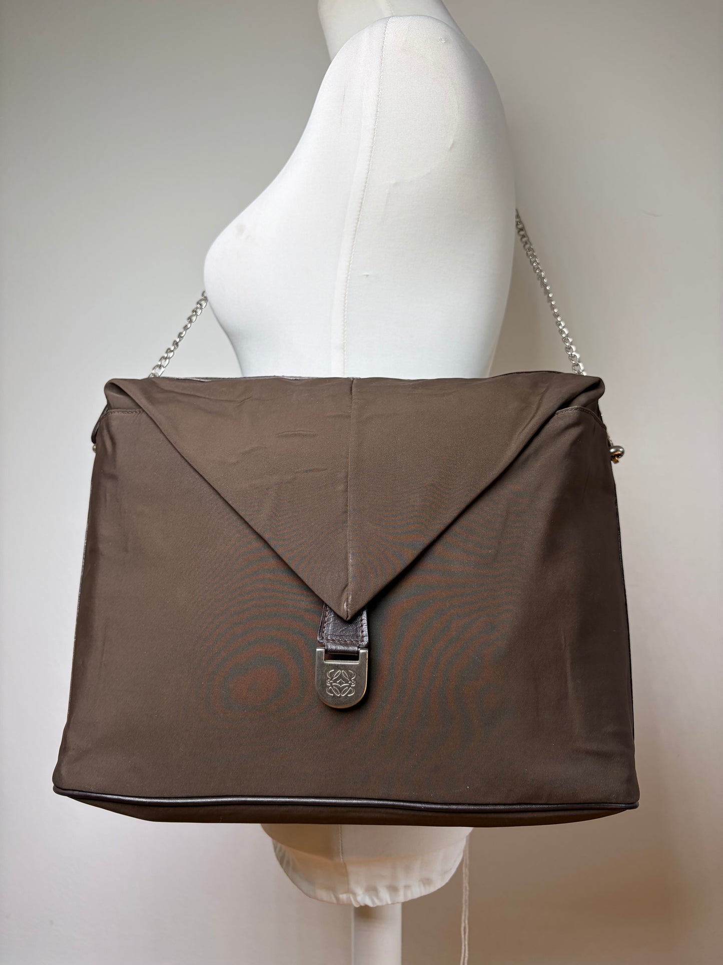 Vintage Loewe Bifold Wallet Nylon Leather Dark Brown Silver